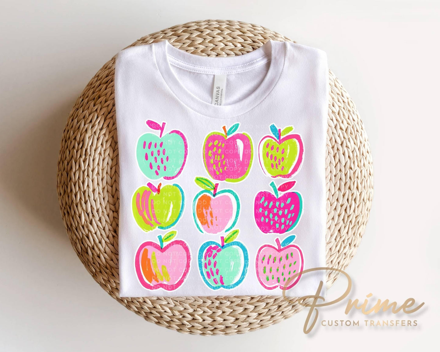 Back to School Preppy Apples DTF Transfer, Neon Apple, Ready to Press Teacher Tshirt Design