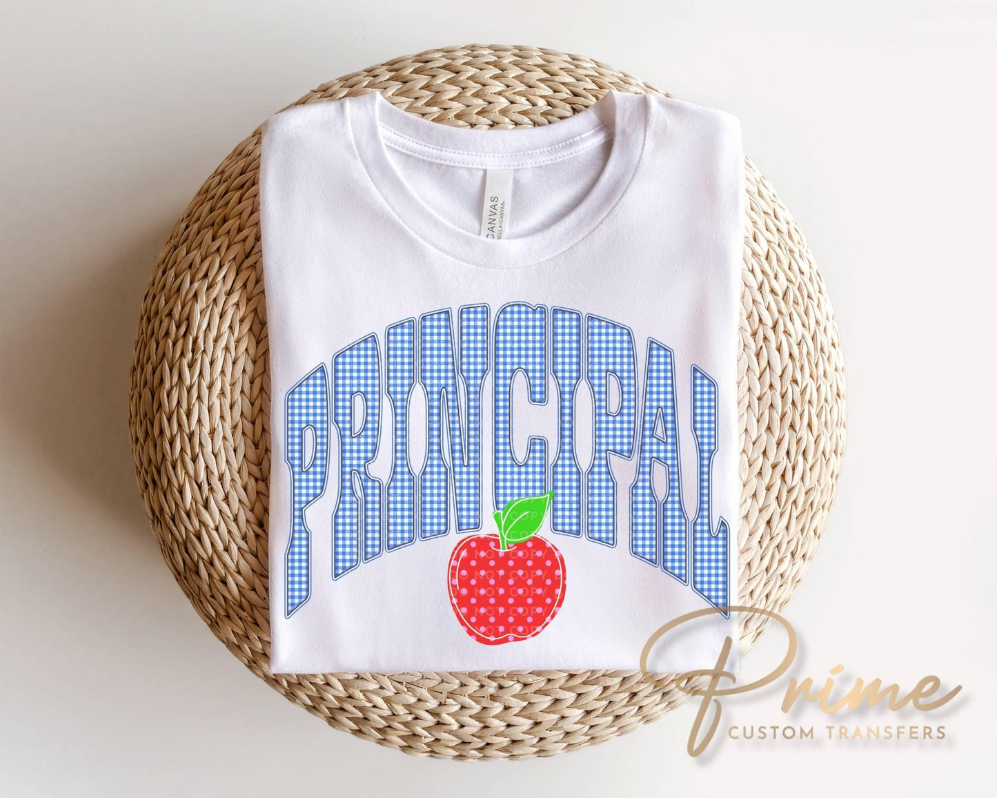Back to School Principal DTF Transfer, Ready to Press, Blue Gingham First Day of School Tshirt Design