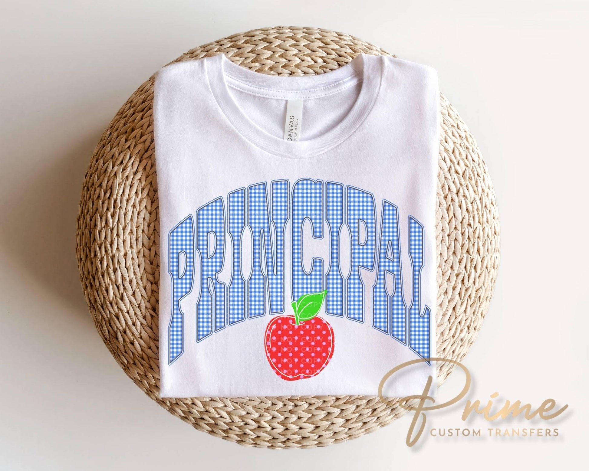 Back to School Principal DTF Transfer, Ready to Press, Blue Gingham First Day of School Tshirt Design