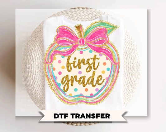 First Grade Preppy Back to School DTF Transfer, Ready to Press, Coquette First Day of School Tshirt Design