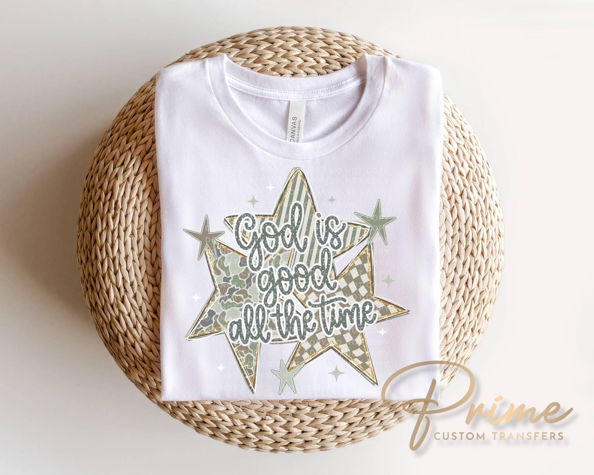 Preppy Camo God is Good Christian Striped Stars DTF Transfer, Cute Bible Verse Tshirt Design