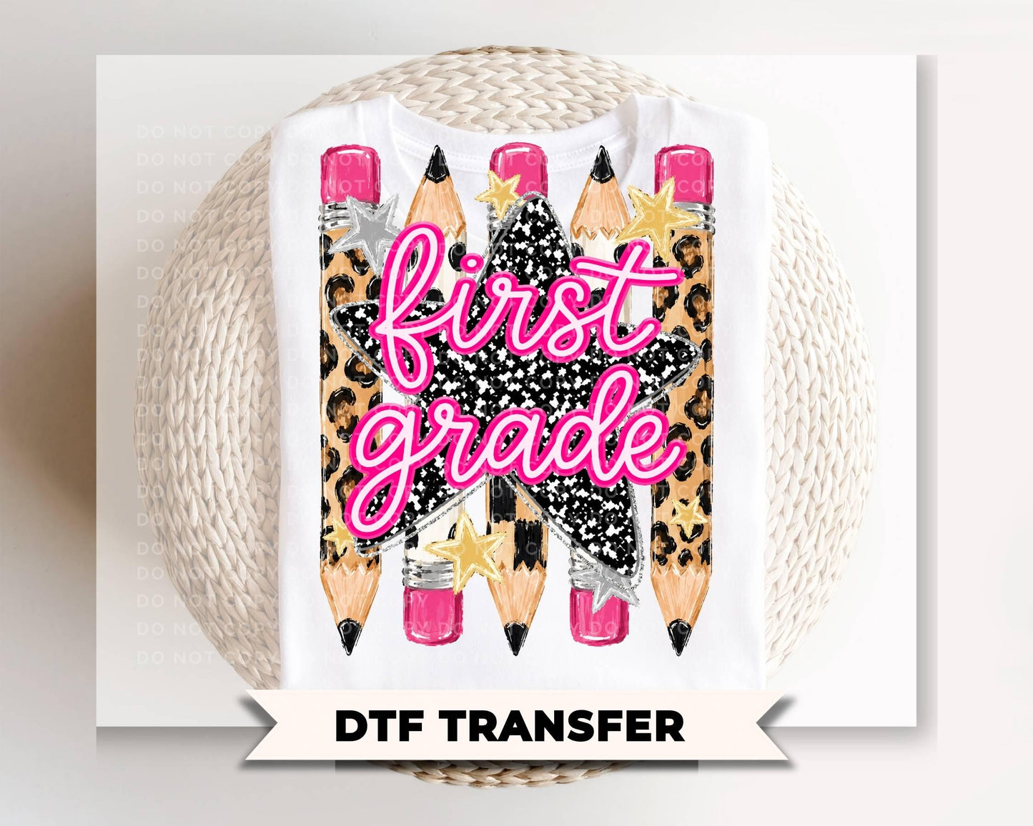 Preppy First Grade Back To School Pencil DTF Transfer, Leopard Checkered First Day of School Tshirt Design