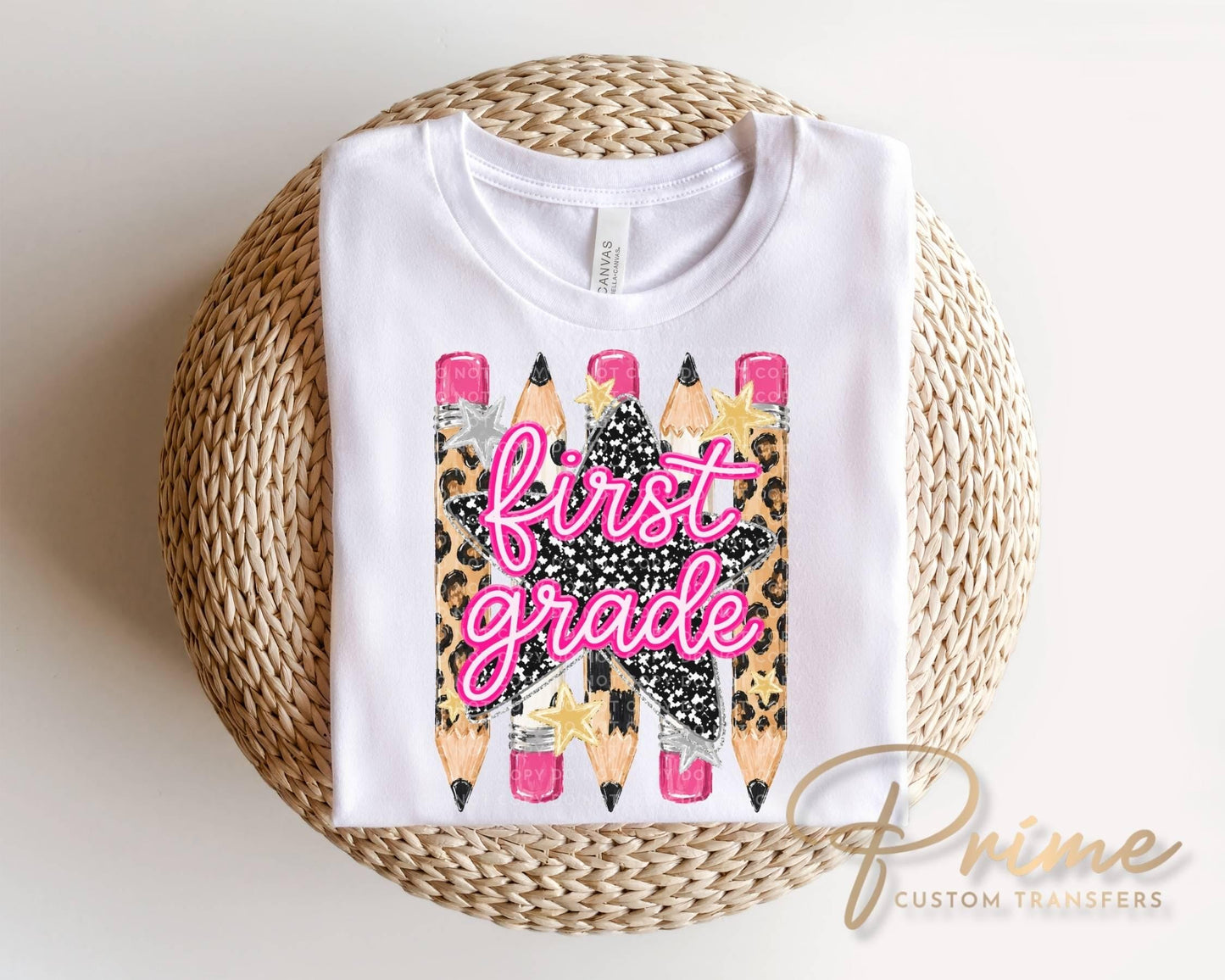 Preppy First Grade Back To School Pencil DTF Transfer, Leopard Checkered First Day of School Tshirt Design