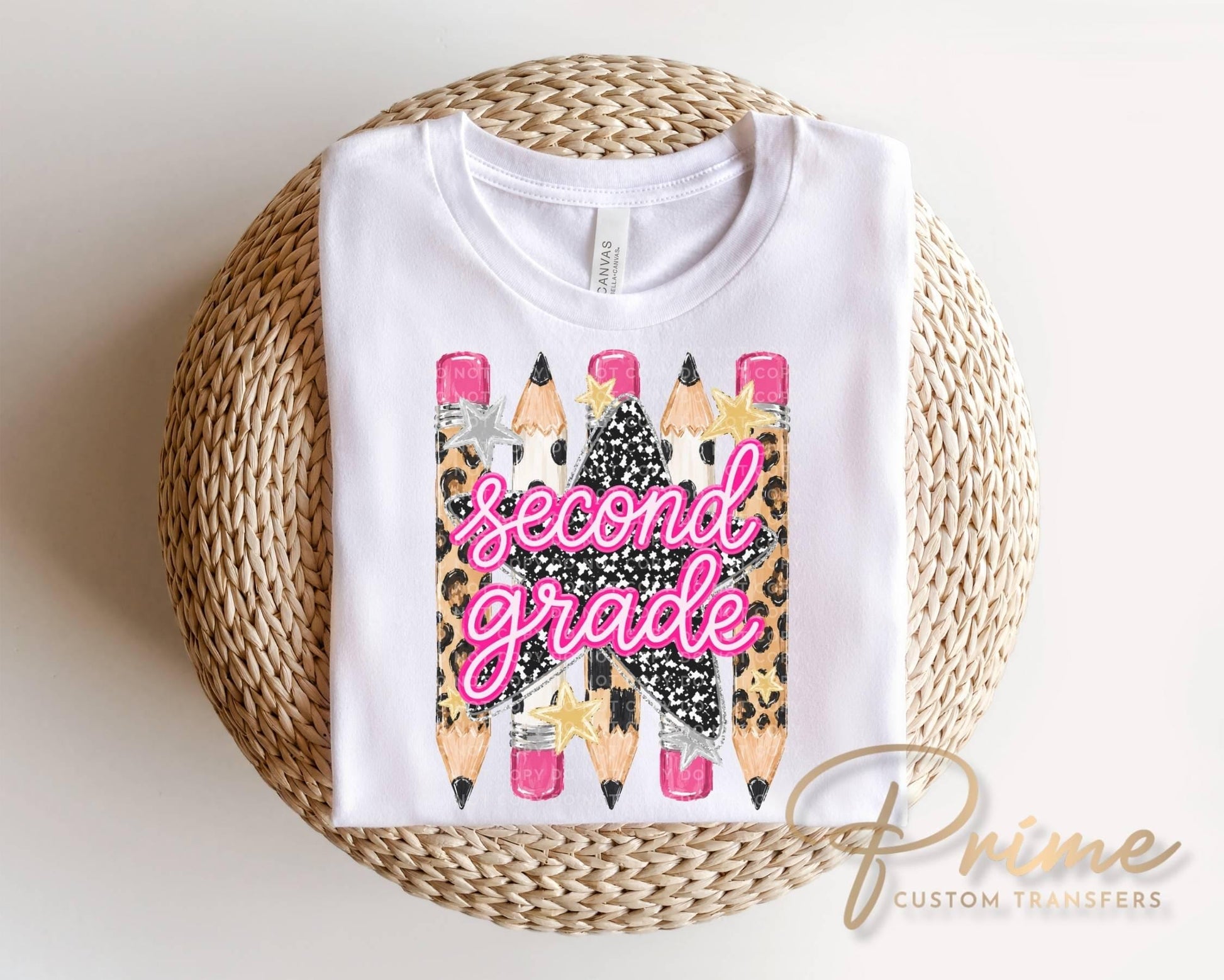 Preppy Second Grade Back To School Pencil DTF Transfer, Leopard Checkered First Day of School Tshirt Design