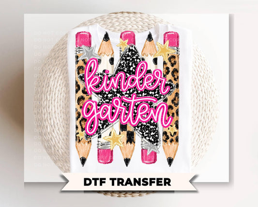 Preppy Kindergarten Back To School Pencil DTF Transfer, Leopard Checkered First Day of School Tshirt Design