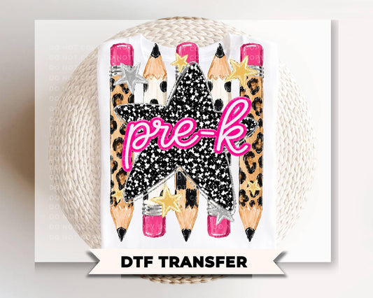 Preppy Pre-K Back To School Pencil DTF Transfer, Leopard Checkered First Day of School Tshirt Design