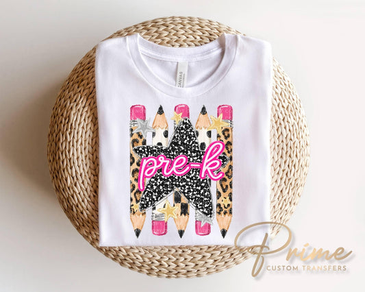 Preppy Pre-K Back To School Pencil DTF Transfer, Leopard Checkered First Day of School Tshirt Design