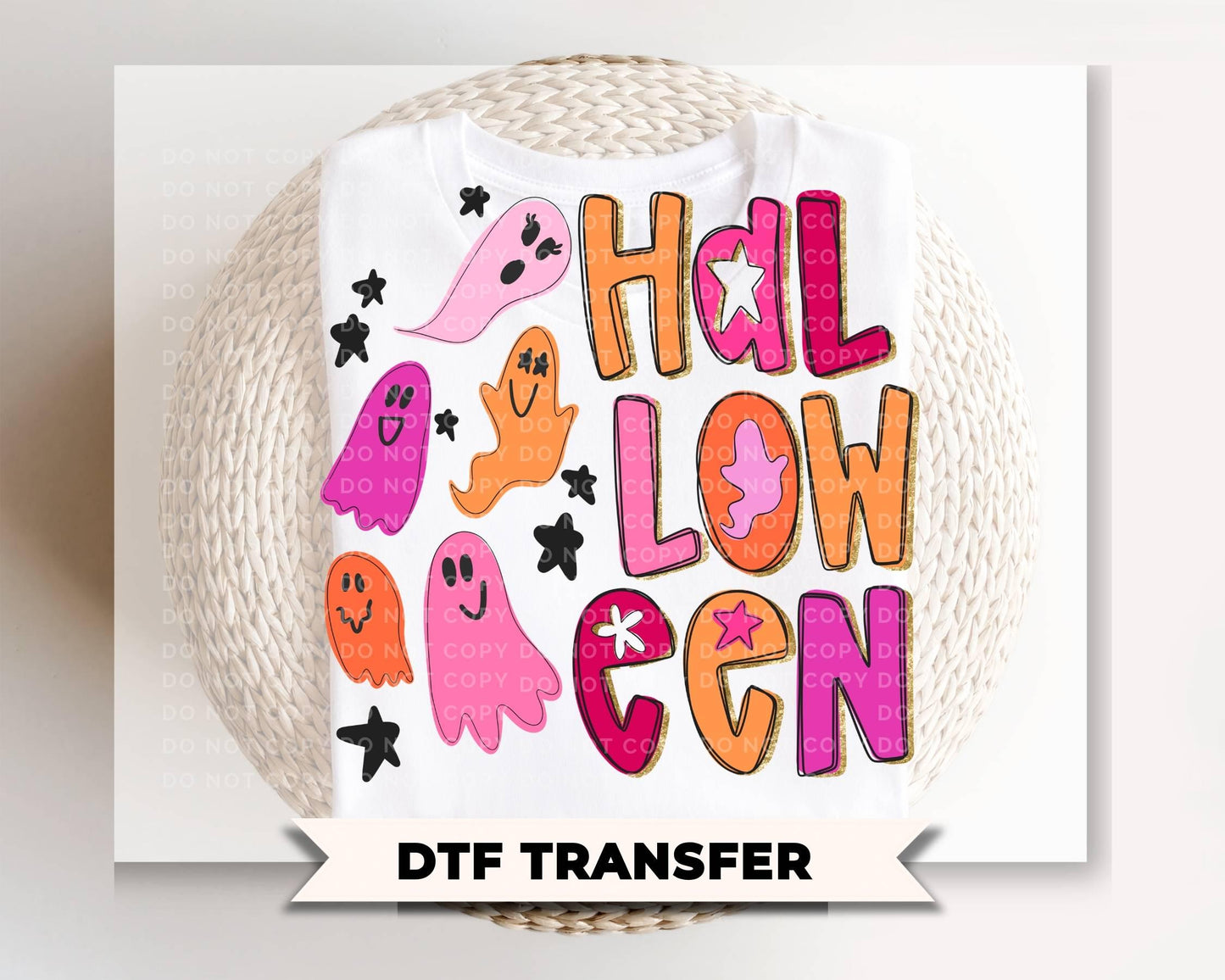Halloween Doodle Ghosts DTF Transfer, Ready to Press, Neon Halloween Tshirt Design