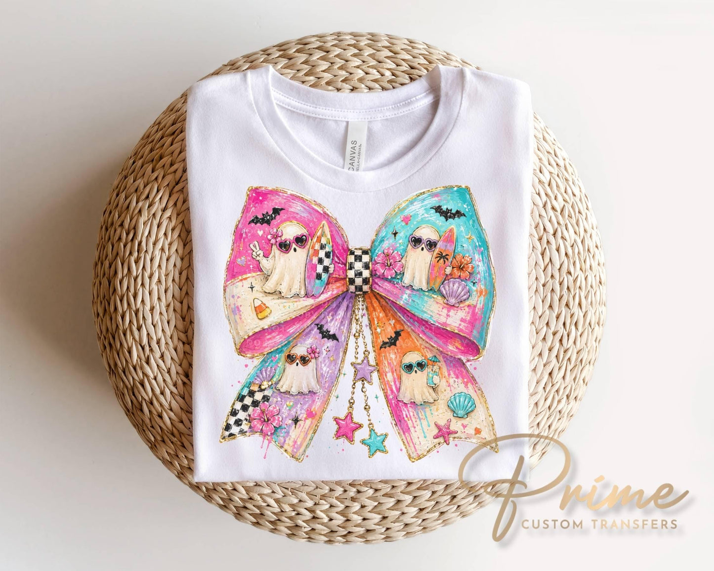 Summerween Ghost Bow DTF Transfer, Ready to Press, Beach Halloween Tshirt Design
