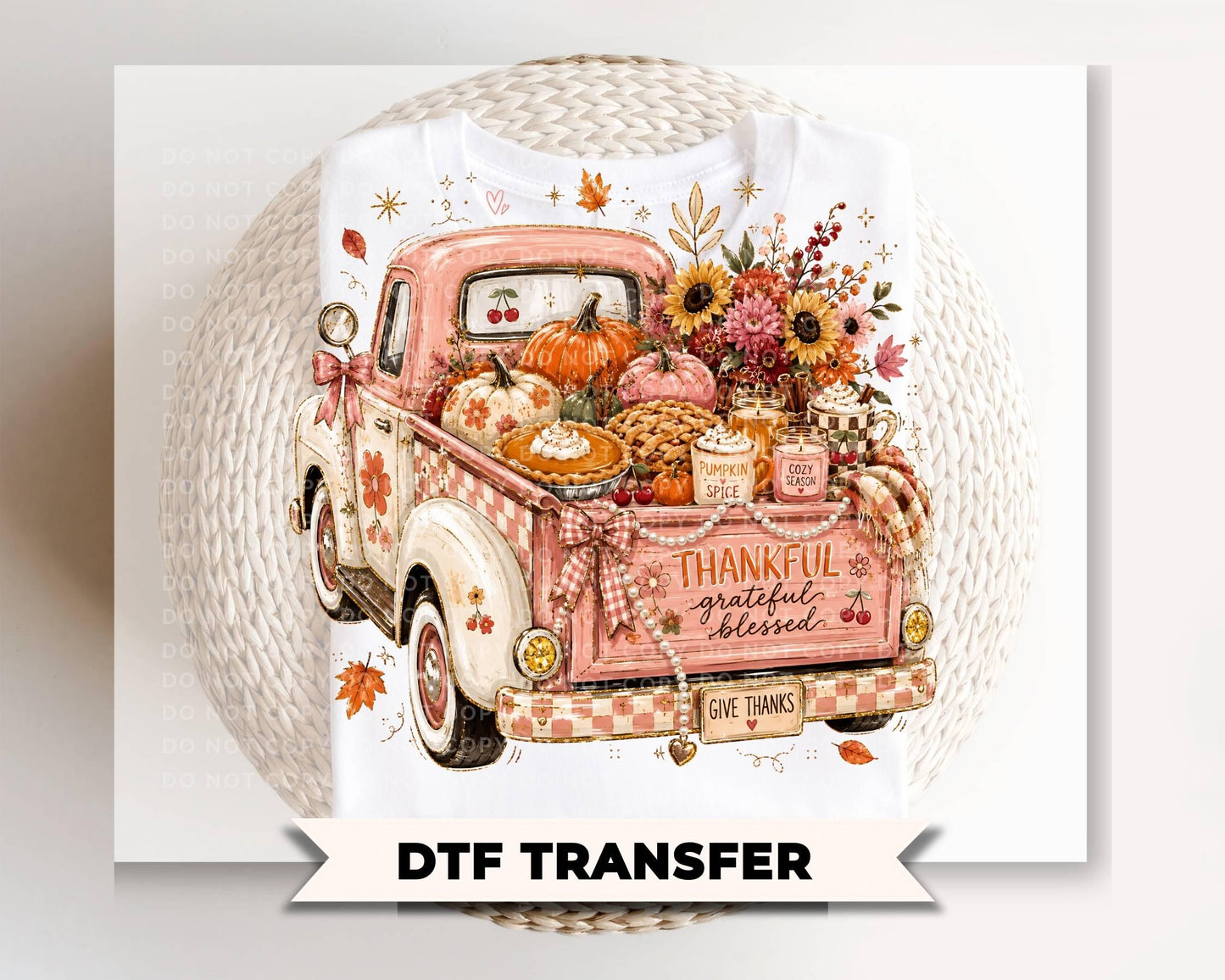 Pink Fall Pumpkin Truck DTF Transfer, Ready to Press, Thanksgiving Tshirt Design