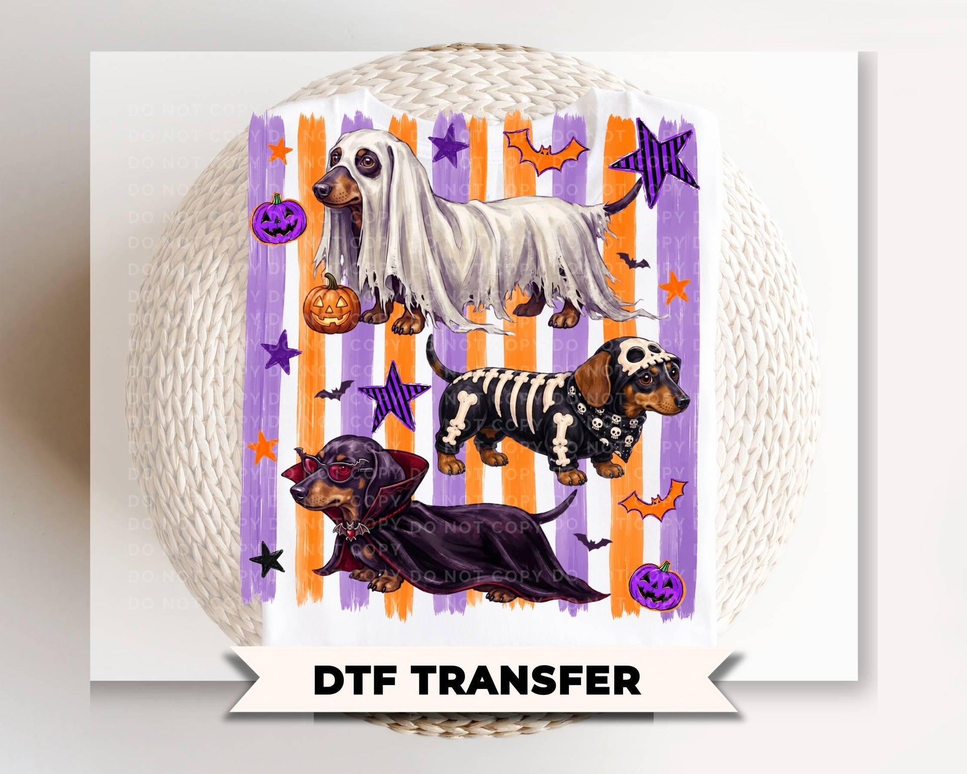 Halloween Dachshunds DTF Transfer, Ready to Press, Trendy Striped T-shirt Design