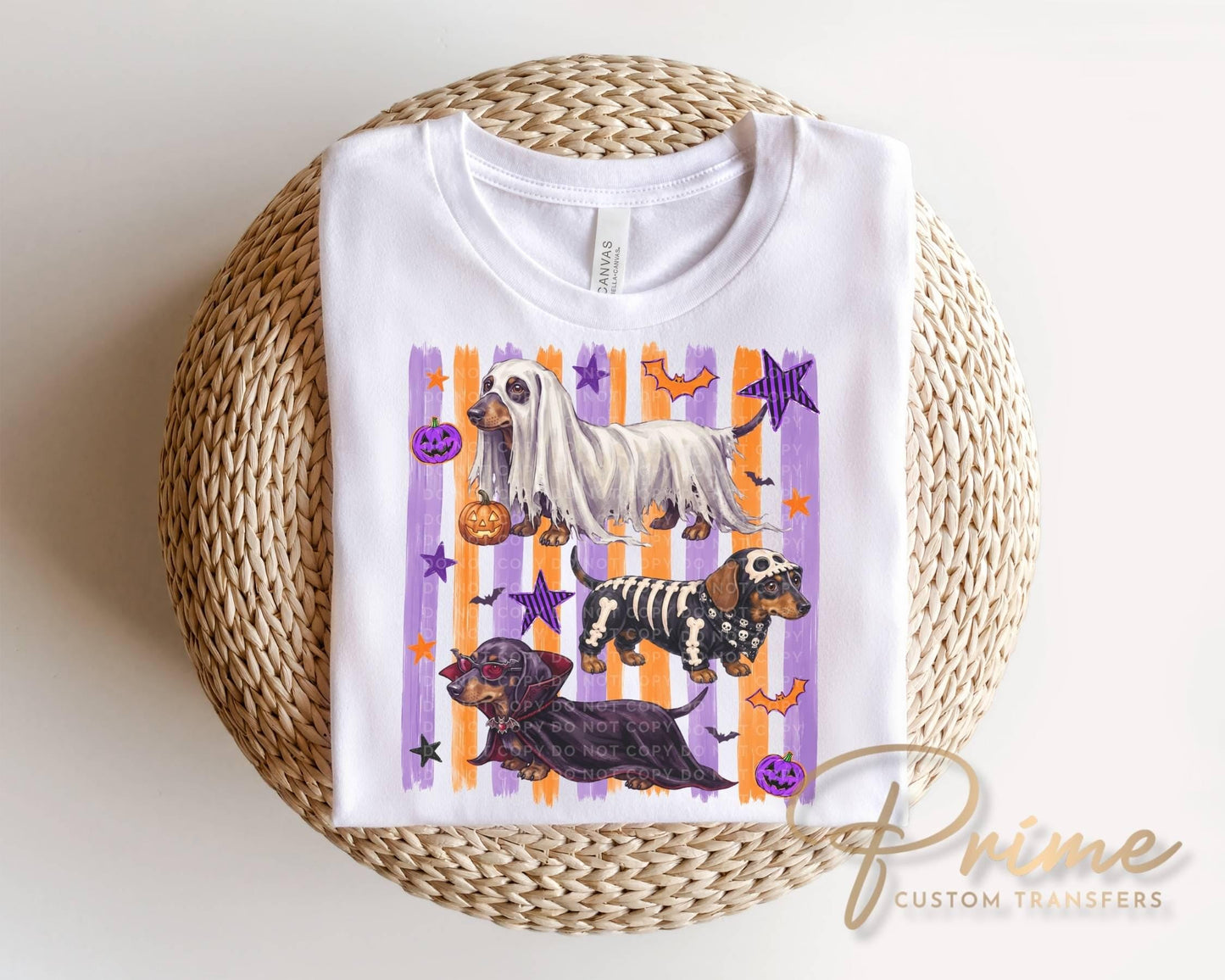 Halloween Dachshunds DTF Transfer, Ready to Press, Trendy Striped T-shirt Design
