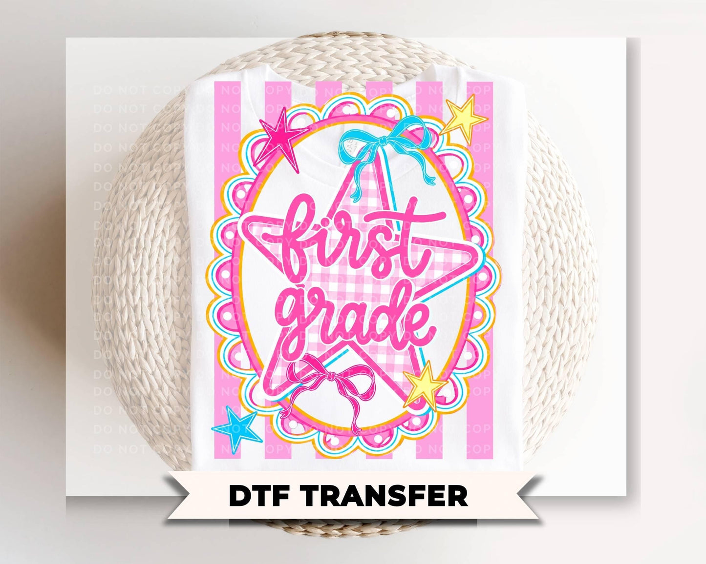 Back to School First Grade DTF Transfer, Ready to Press, Pink Gingham First Day of School Tshirt Design
