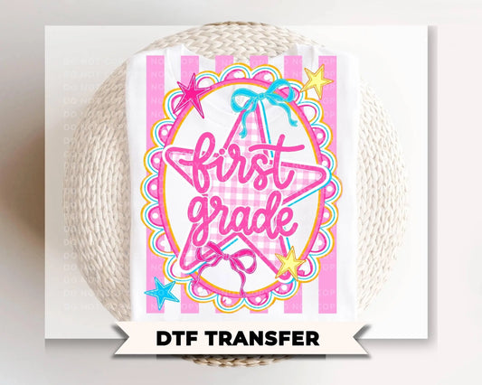 Back to School First Grade DTF Transfer, Ready to Press, Pink Gingham First Day of School Tshirt Design