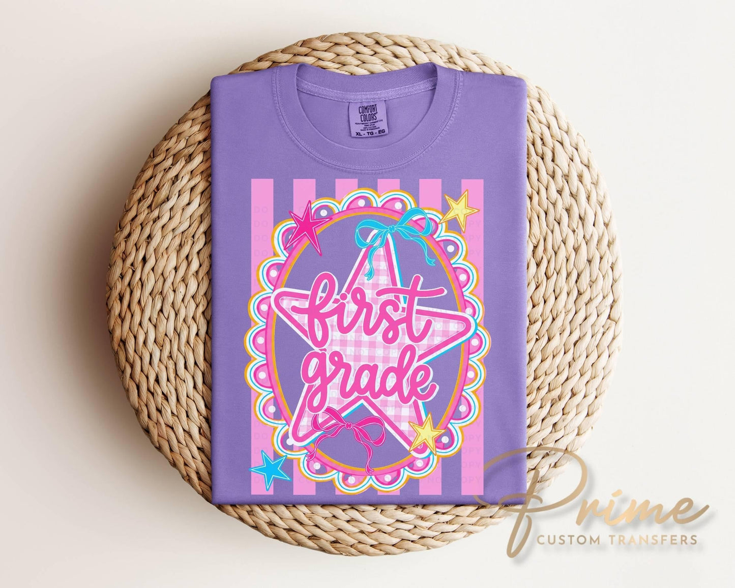Back to School First Grade DTF Transfer, Ready to Press, Pink Gingham First Day of School Tshirt Design