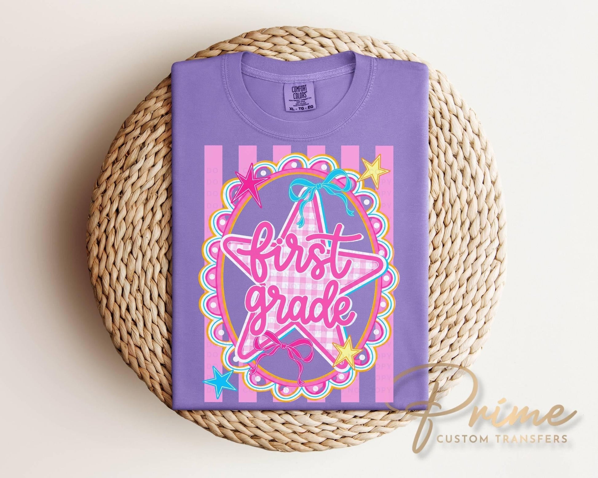 Back to School First Grade DTF Transfer, Ready to Press, Pink Gingham First Day of School Tshirt Design