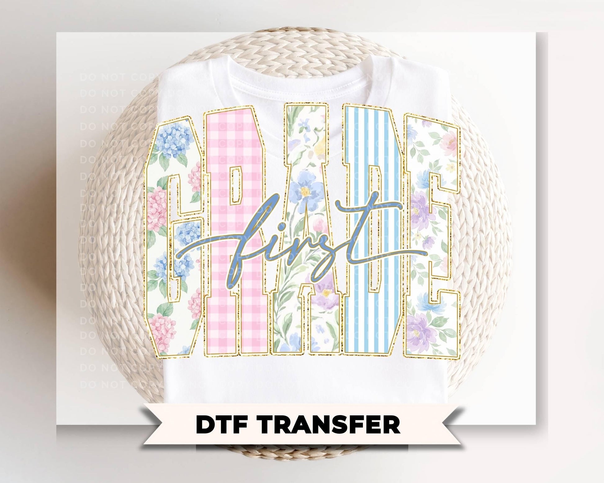 Back to School First Grade DTF Transfer, Ready to Press, Striped Floral Coquette, First Day of School Tshirt Design