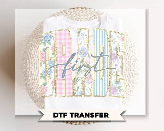 Back to School First Grade DTF Transfer, Ready to Press, Striped Floral Coquette, First Day of School Tshirt Design