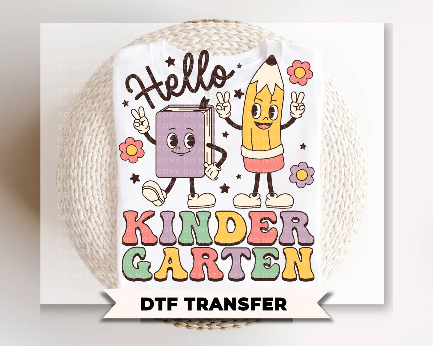 Hello Kindergarten DTF Transfer, Ready to Press, Retro Kids Back to School Tshirt Design