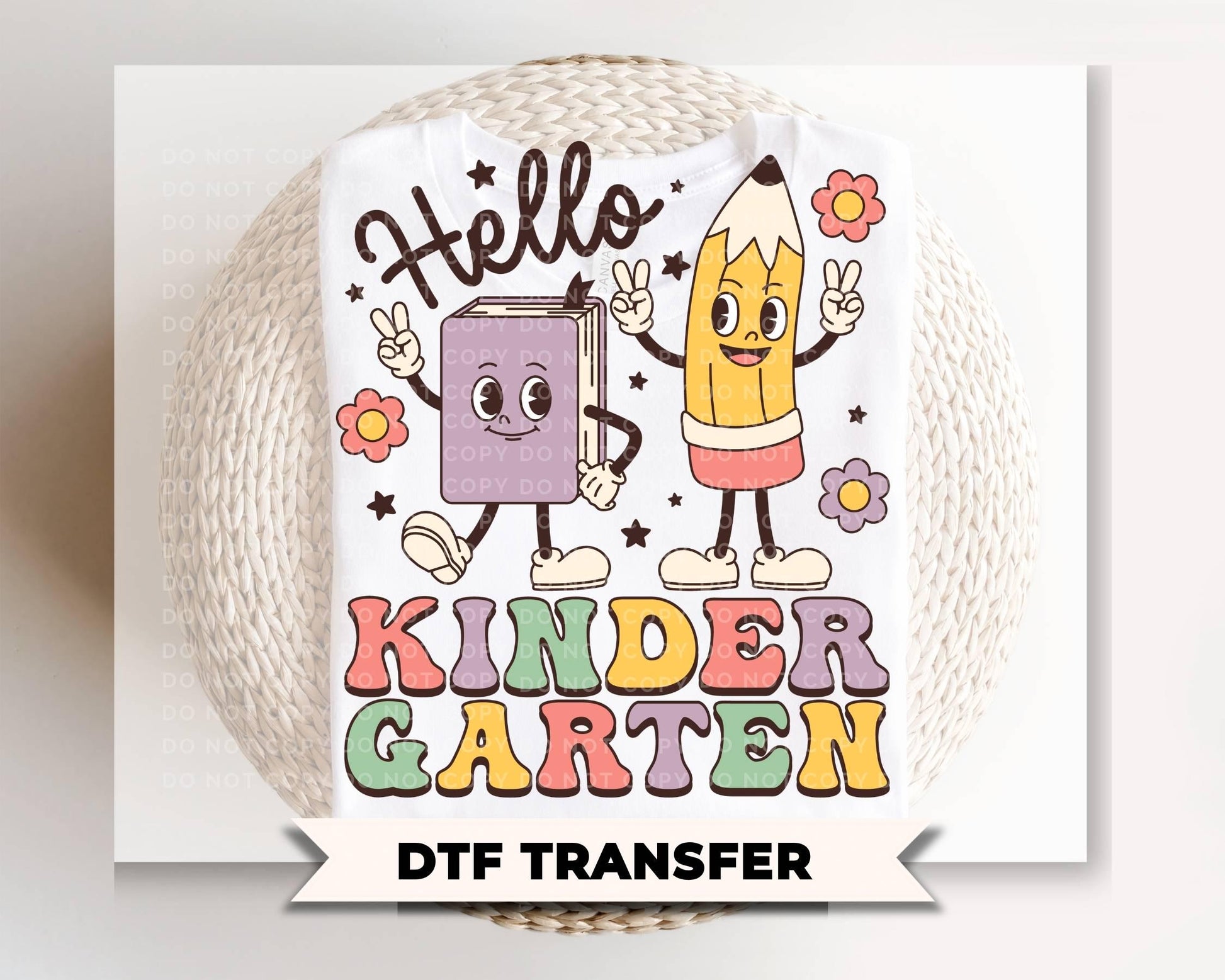 Hello Kindergarten DTF Transfer, Ready to Press, Retro Kids Back to School Tshirt Design