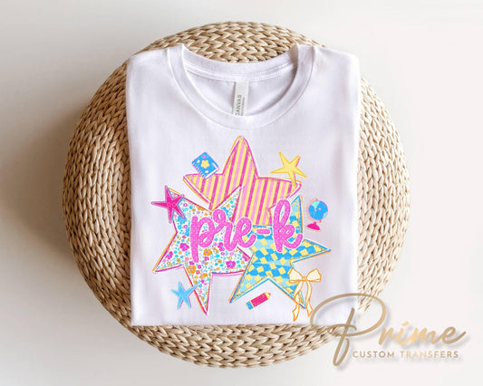 Back to School Pre K DTF Transfer, Ready to Press, Preppy Stars First Day of School Tshirt Design