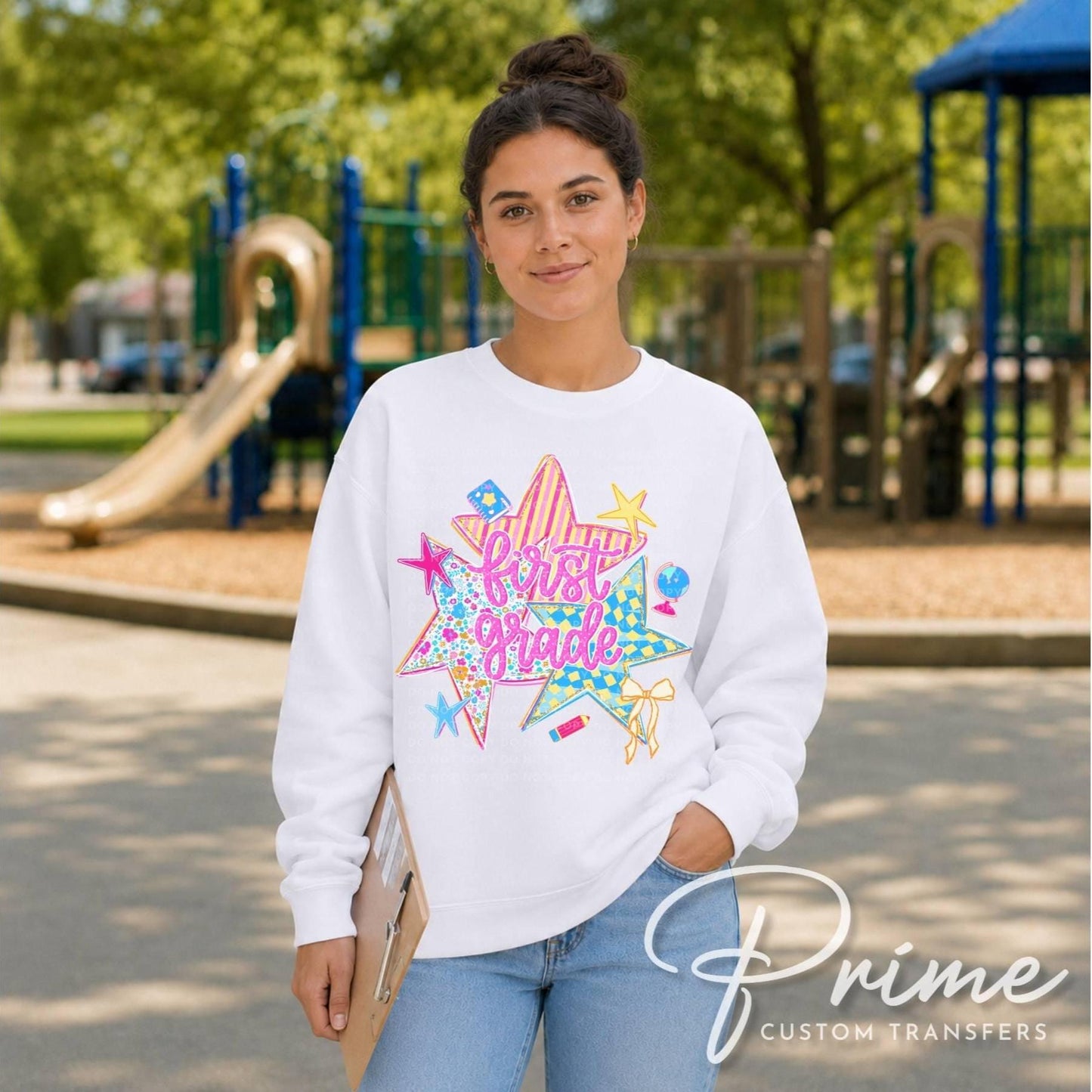 Back to School First Grade DTF Transfer, Ready to Press, Preppy Stars First Day of School Tshirt Design