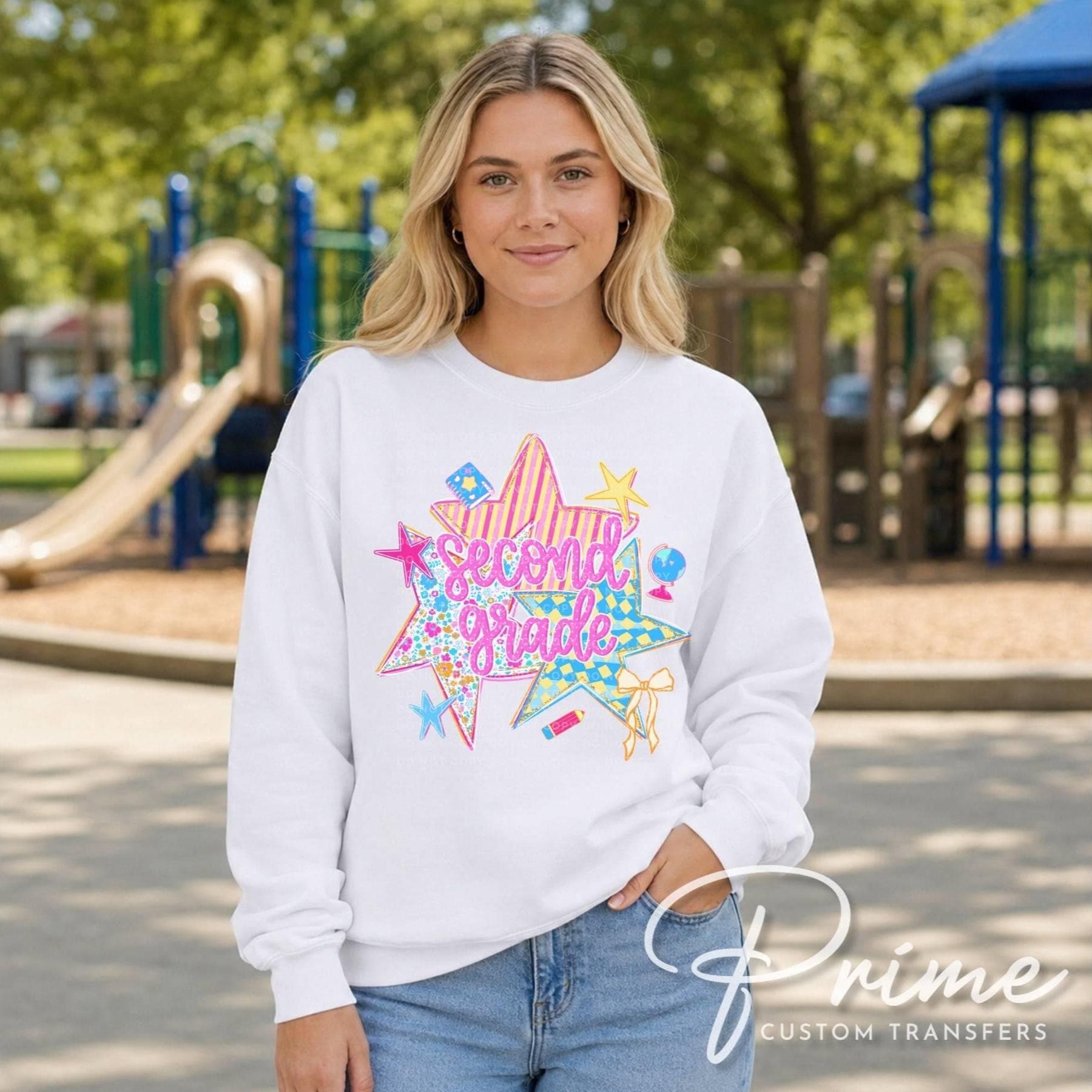 Back to School Second Grade DTF Transfer, Ready to Press, Preppy Stars First Day of School Tshirt Design
