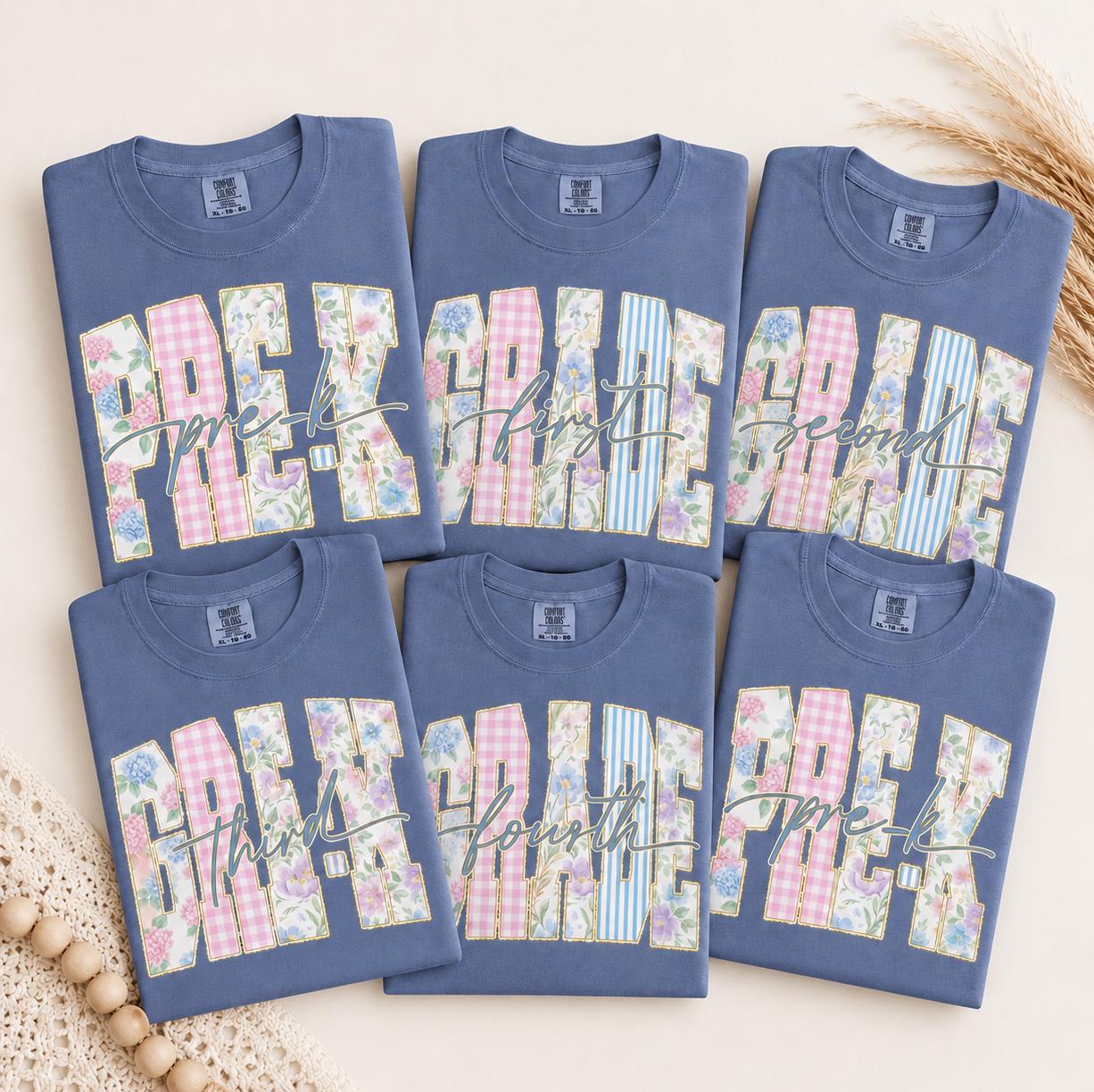 Back to School Grades DTF Transfer, Ready to Press, Coquette Preppy Floral First Day of School Tshirt Design, Pre-K Kindergarten - Fifth