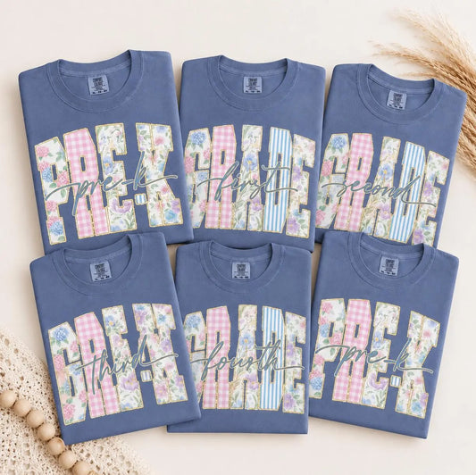 Back to School Grades DTF Transfer, Ready to Press, Coquette Preppy Floral First Day of School Tshirt Design, Pre-K Kindergarten - Fifth