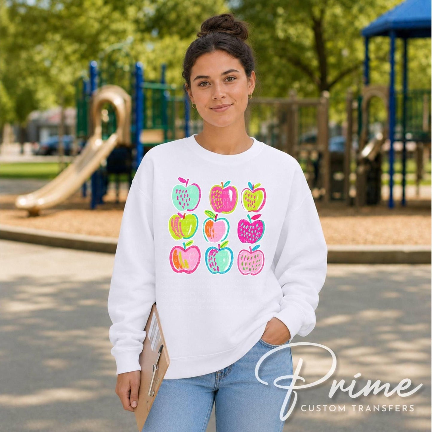 Back to School Preppy Apples DTF Transfer, Neon Apple, Ready to Press Teacher Tshirt Design
