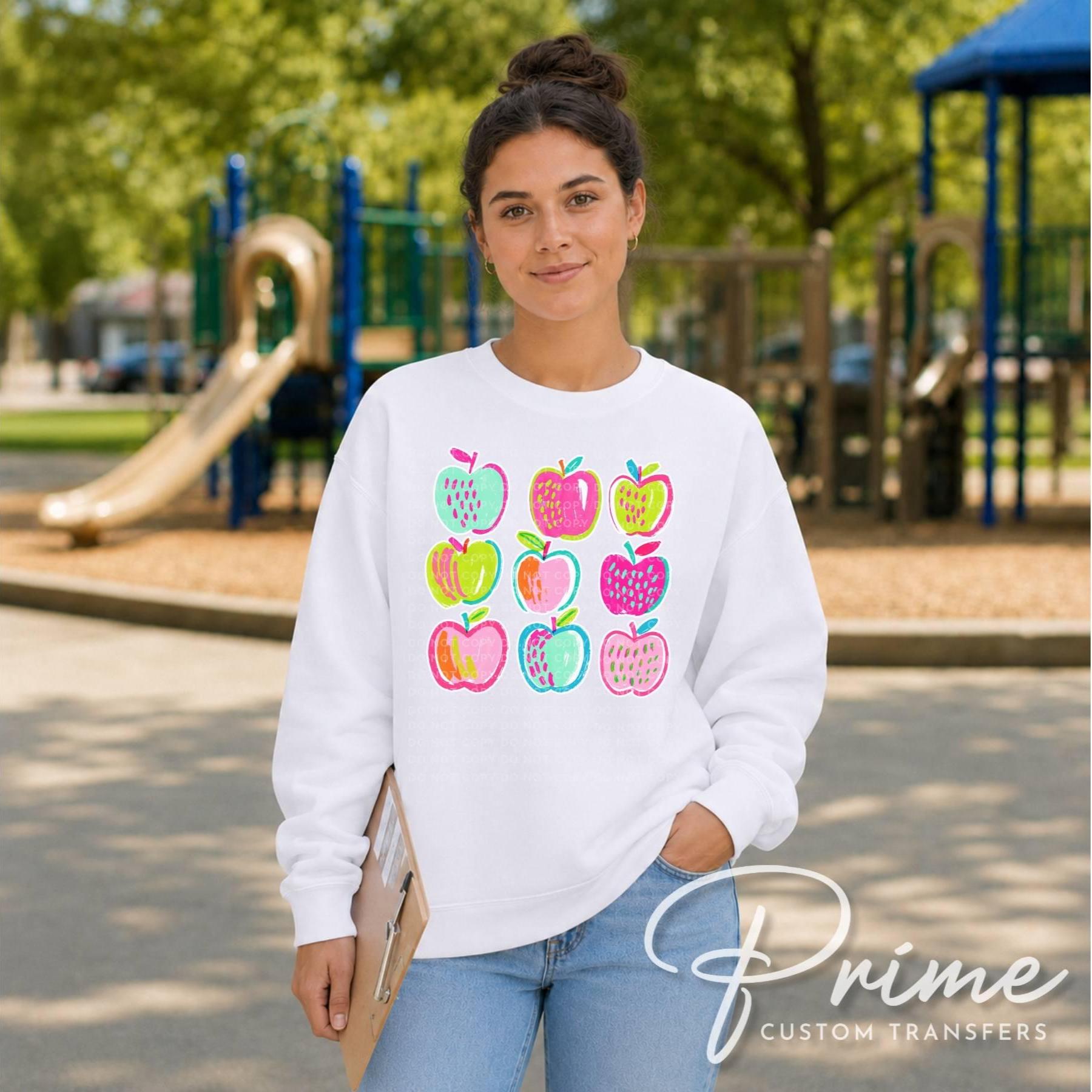 Back to School Preppy Apples DTF Transfer, Neon Apple, Ready to Press Teacher Tshirt Design