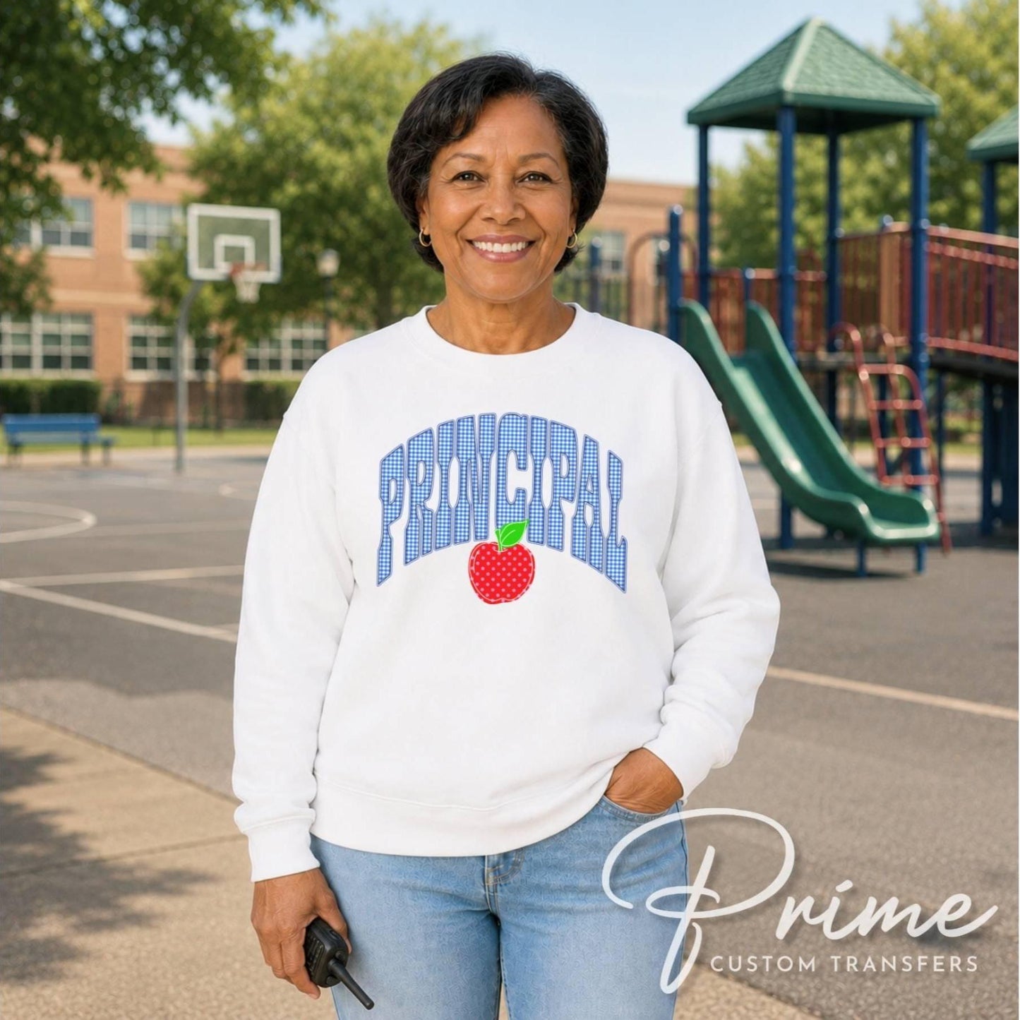 Back to School Principal DTF Transfer, Ready to Press, Blue Gingham First Day of School Tshirt Design