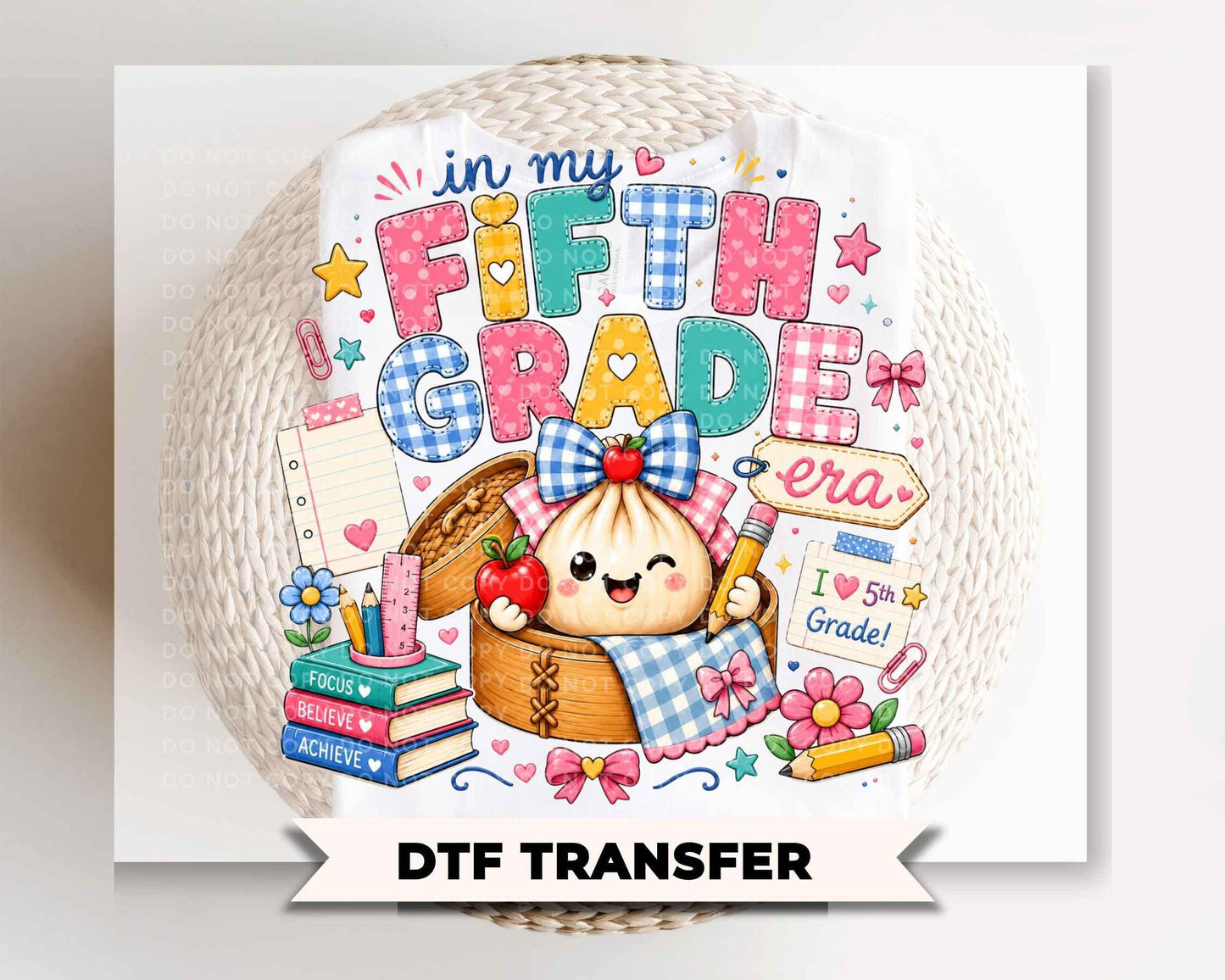 Back To School Fifth Grade DTF Transfer, Ready to Press, Preppy Teacher, Dumpling, First Day of School Tshirt Design