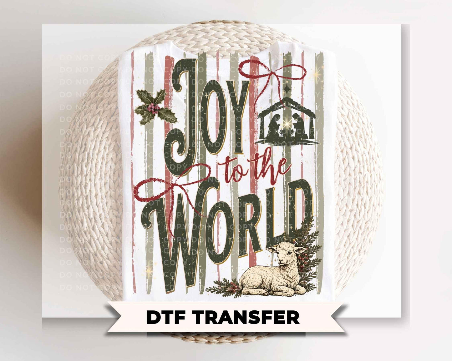 Joy To The World Trendy Striped Christmas DTF Transfer, Ready to Press, Coquette Nativity, Tshirt Design