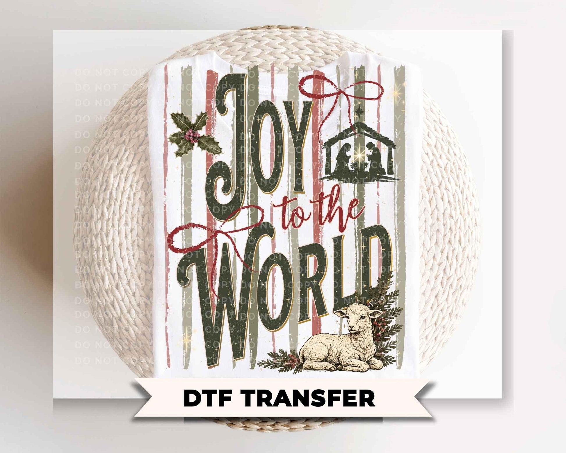 Joy To The World Trendy Striped Christmas DTF Transfer, Ready to Press, Coquette Nativity, Tshirt Design