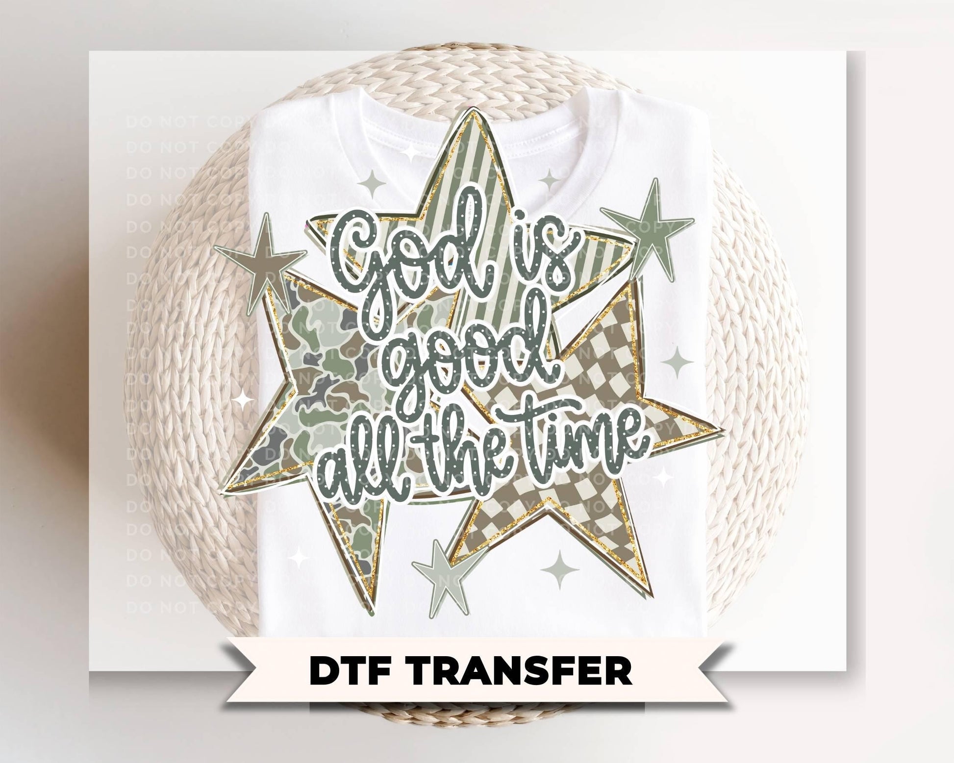 Preppy Camo God is Good Christian Striped Stars DTF Transfer, Cute Bible Verse Tshirt Design