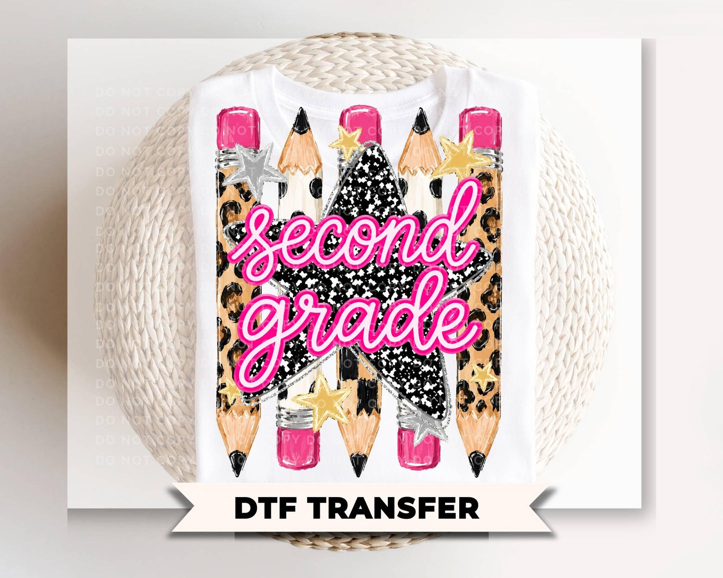 Preppy Second Grade Back To School Pencil DTF Transfer, Leopard Checkered First Day of School Tshirt Design