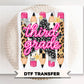Preppy Third Grade Back To School Pencil DTF Transfer, Leopard Checkered First Day of School Tshirt Design