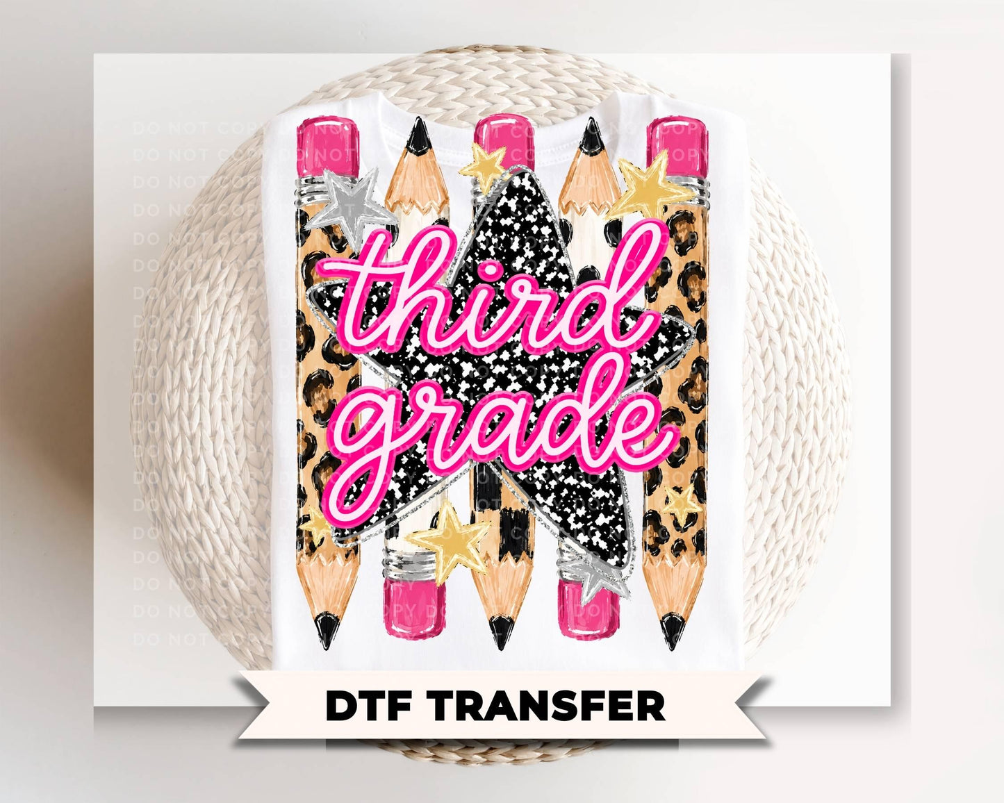 Preppy Third Grade Back To School Pencil DTF Transfer, Leopard Checkered First Day of School Tshirt Design