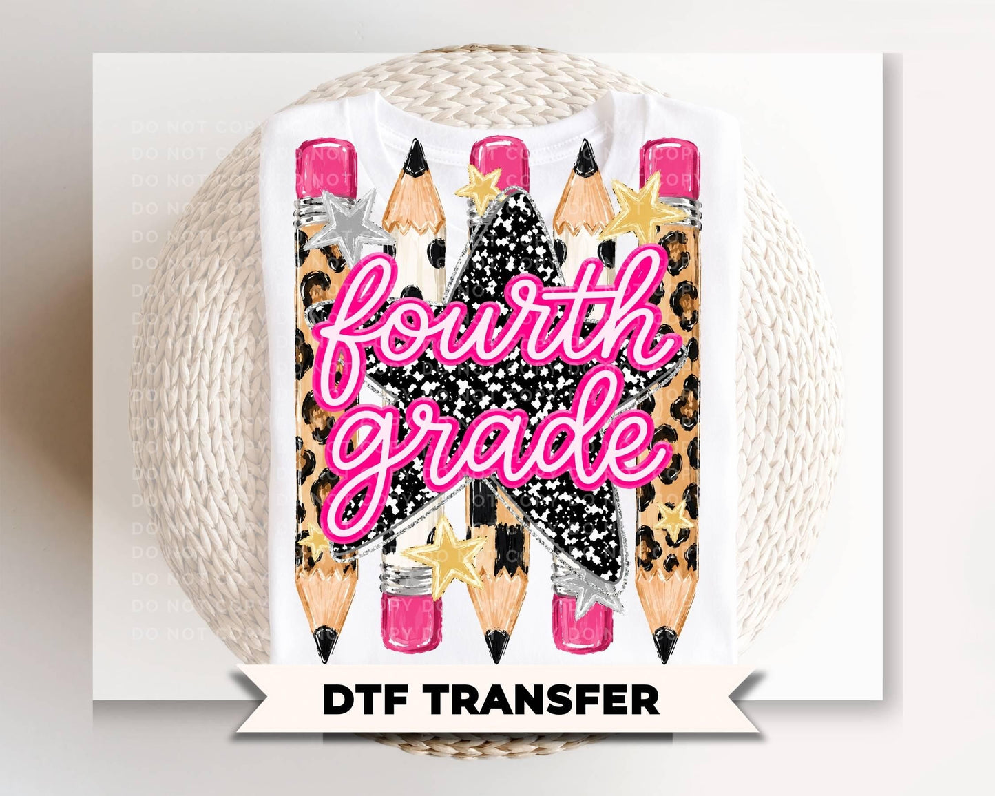 Preppy Fourth Grade Back To School Pencil DTF Transfer, Leopard Checkered First Day of School Tshirt Design