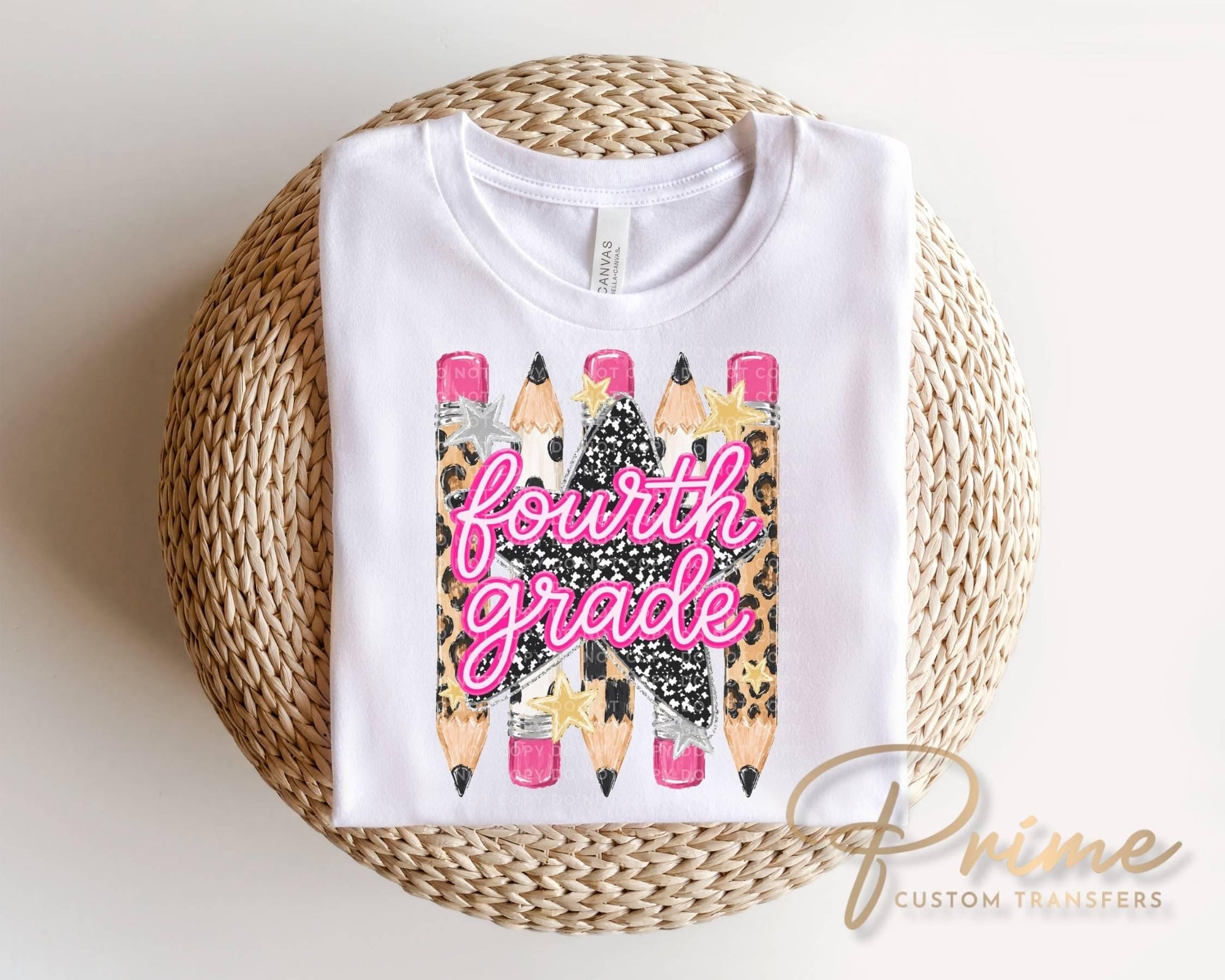 Preppy Fourth Grade Back To School Pencil DTF Transfer, Leopard Checkered First Day of School Tshirt Design