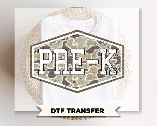 Camo Back To School Pre k DTF Transfer, First Day Of School Tshirt Design