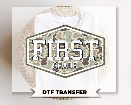 Camo Back To School First Grade DTF Transfer, First Day Of School Tshirt Design
