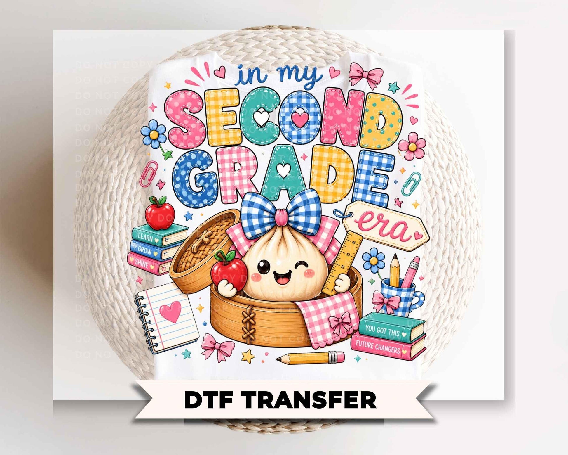 Back To School Second Grade DTF Transfer, Ready to Press, Preppy Teacher, Dumpling, First Day of School Tshirt Design