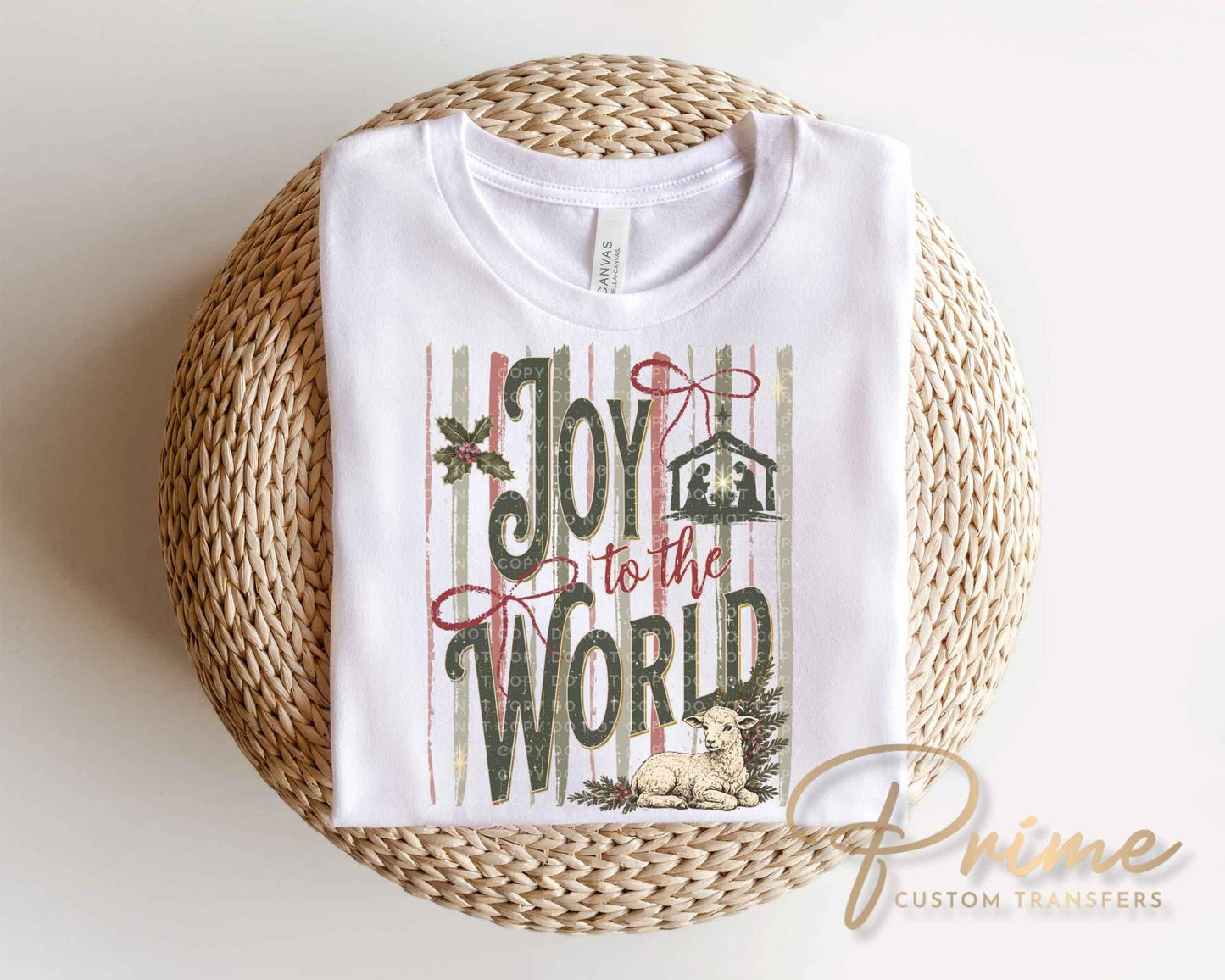 Joy To The World Trendy Striped Christmas DTF Transfer, Ready to Press, Coquette Nativity, Tshirt Design