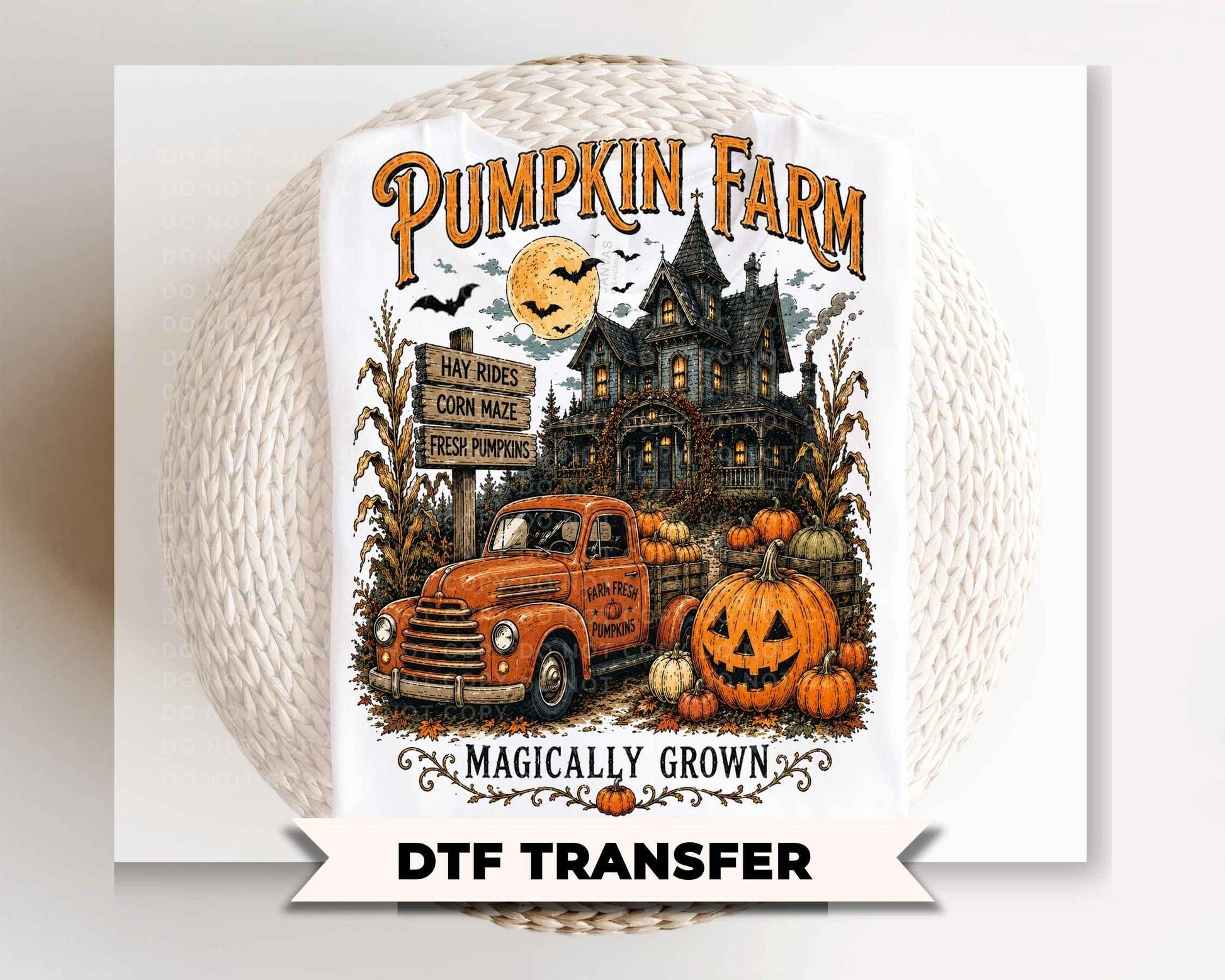 Pumpkin Farm DTF Transfer, Ready to Press, Haunted Farm house, Halloween Tshirt Design