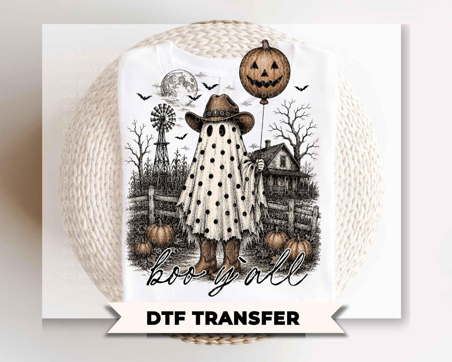 Boo Y'all Ghost DTF Transfer, Ready to Press, Western Halloween Tshirt Design