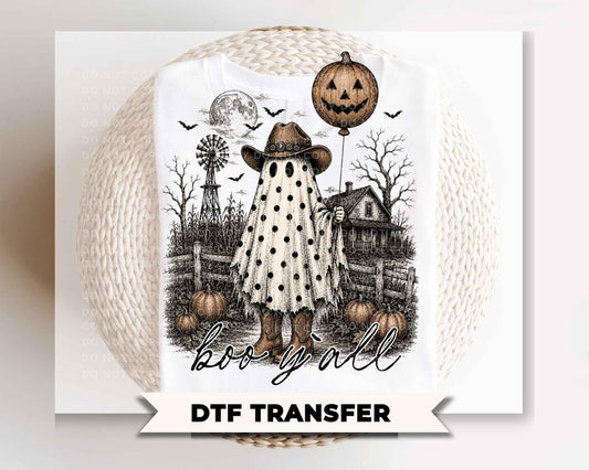 Boo Y'all Ghost DTF Transfer, Ready to Press, Western Halloween Tshirt Design