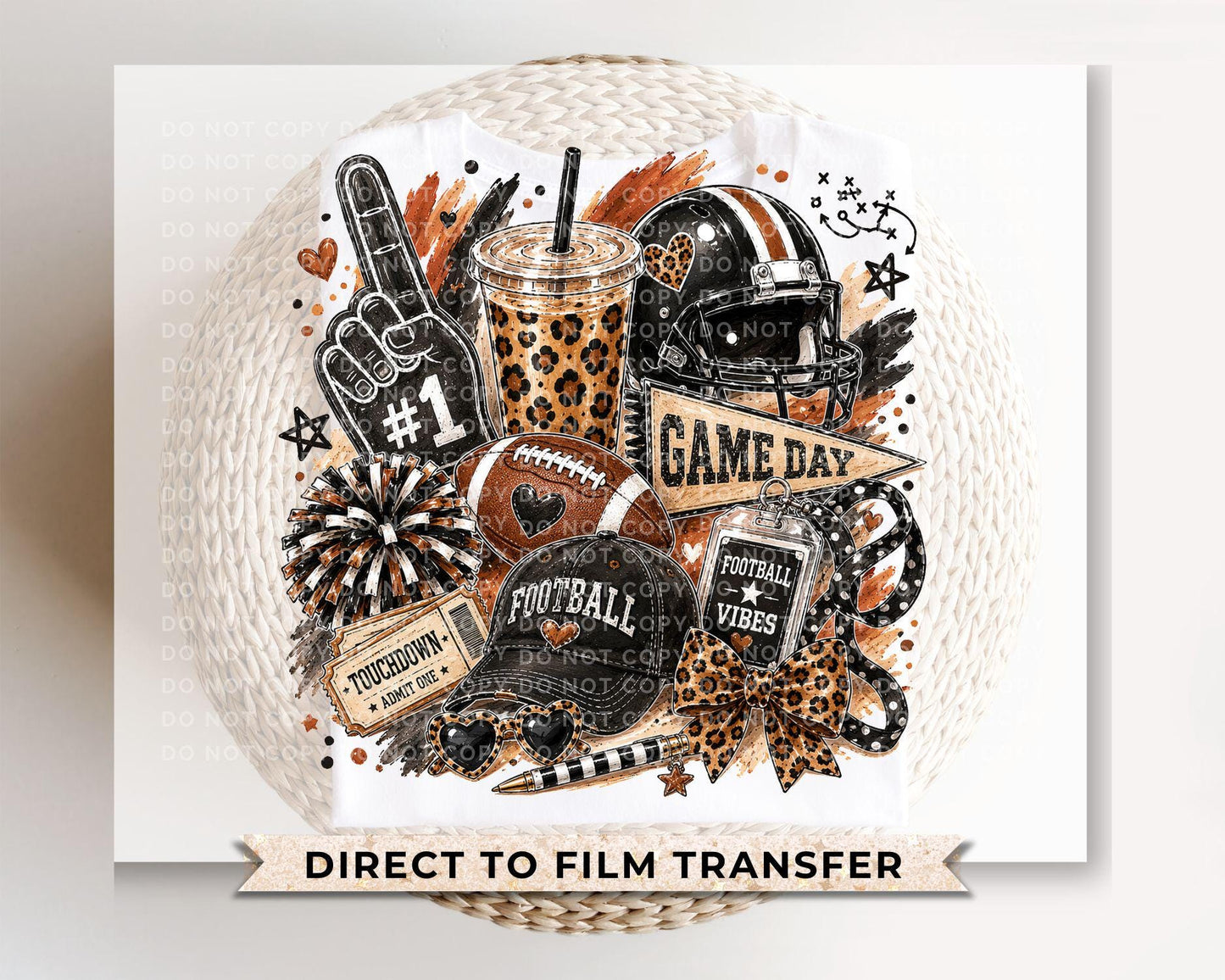 Brushstroke Game Day Football DTF Transfer, Ready to Press, Leopard Football Doodles, Football Mom Tshirt Design