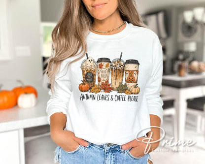 Autumn Leaves & Coffee Please DTF Transfers, Fall Coffee, Spooky Season, Pumpkin Ghost, Ready to Press